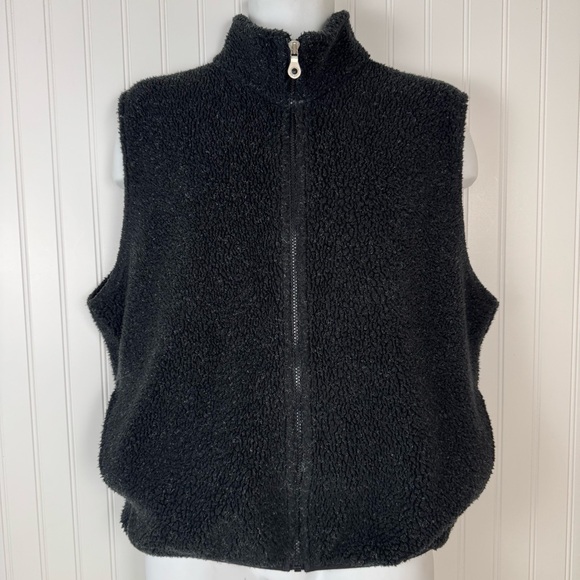 Land's End Fleece Sherpa Vest Men's Large Black Gray Pockets Zip Up Vintage - Picture 1 of 9